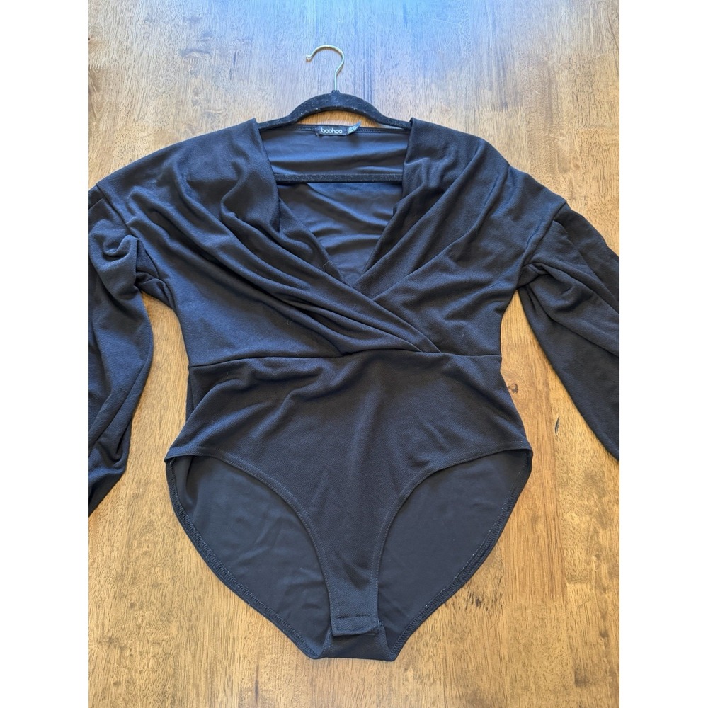 boohoo Black Long Sleeve Wrap V-Neck One-Piece Bodysuit US 12 Solid